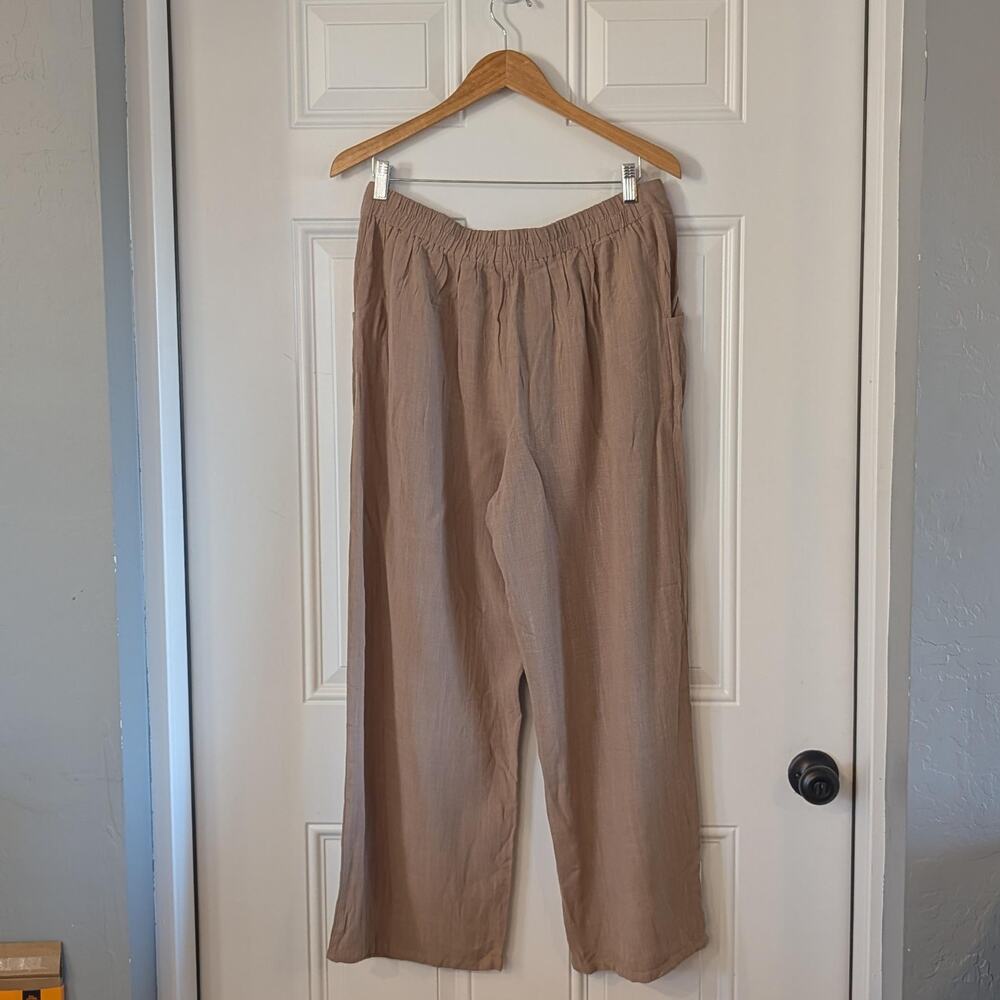 Linen Blend Wide Leg Pants XL Tan Elastic Waist Resort Vacation NWT - Picture 4 of 9